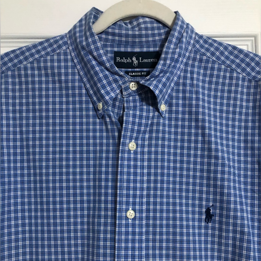 Ralph Lauren Men's Blue‎ Plaid Shirt size 16.5 32/33 classic fit  cotton pony